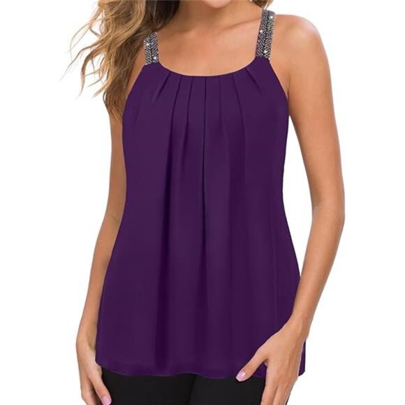 Women's Plus Size Cami Casual Pleated Chiffon Tank Top with Beaded Strap - Picture 5 of 5
